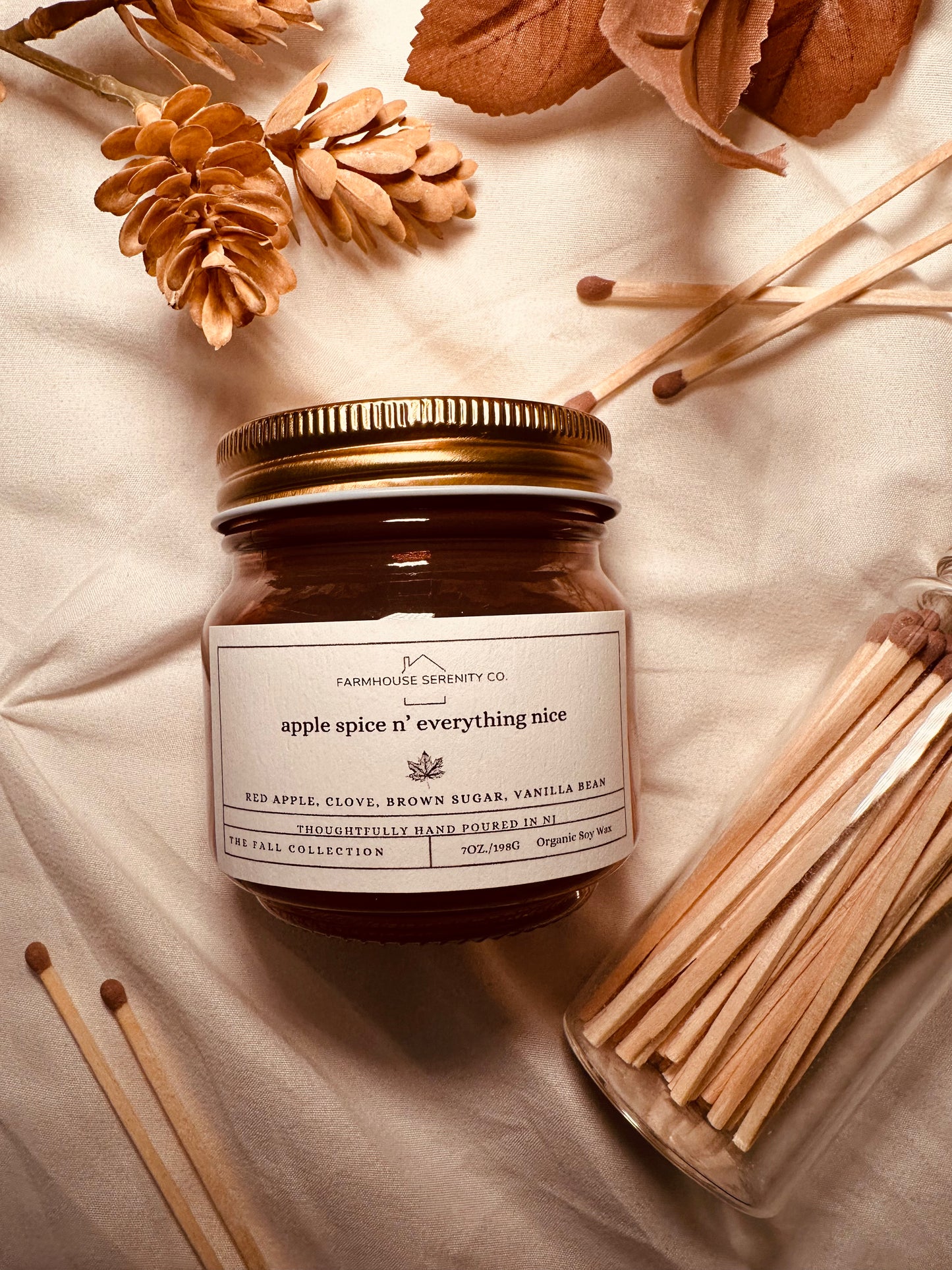 Apple Spice N’ Everything Nice | 12OZ. Amber Round Bottom Jar Soy Candle | Two Cotton Wicks