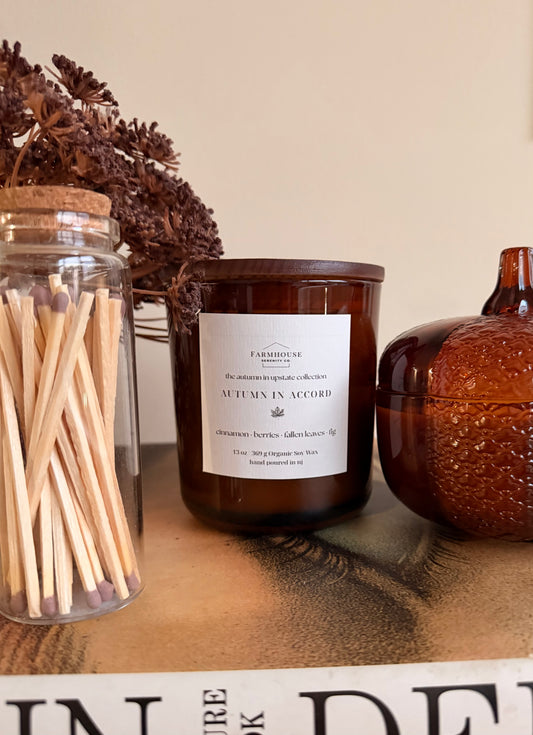 Autumn in Accord  | 13OZ. Round Bottom Amber Jar Soy Candle | Two Cotton Wicks