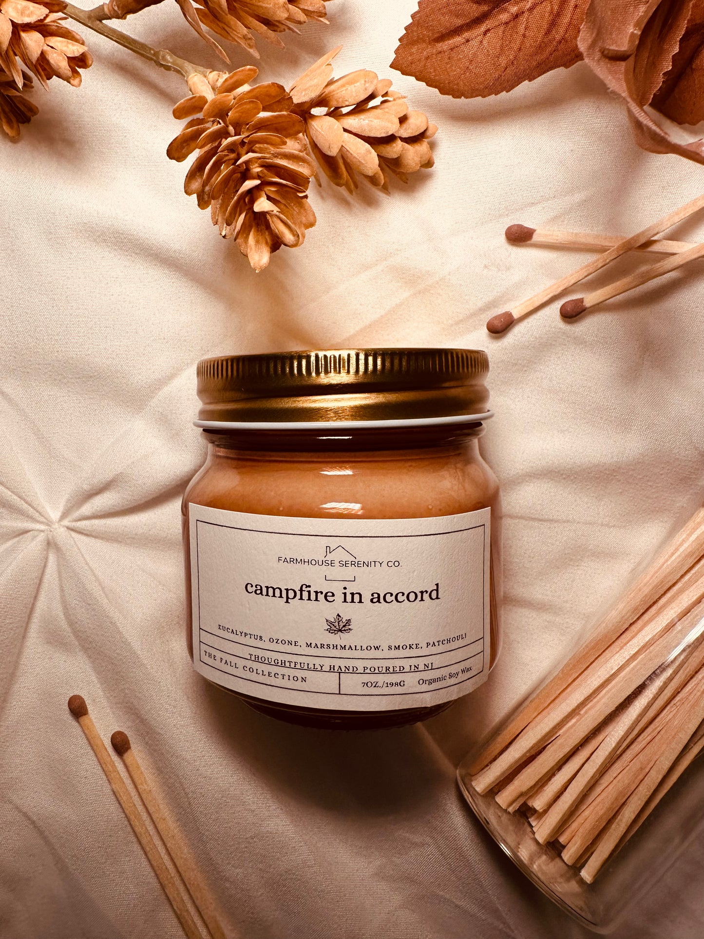 Campfire in Accord | 12OZ. Amber Round Bottom Jar Soy Candle | Two Cotton Wicks