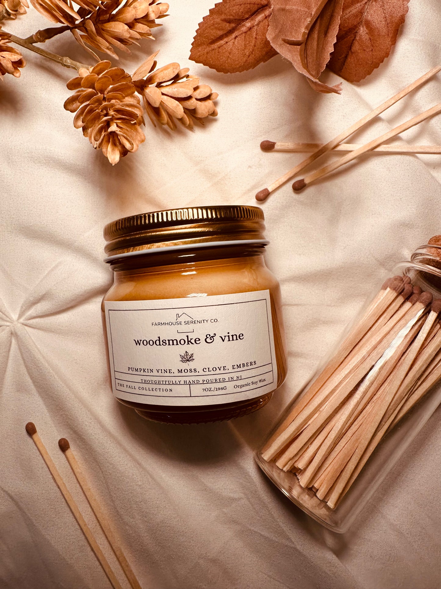 Woodsmoke & Vine | 12OZ. Amber Round Bottom Jar Soy Candle | Two Cotton Wicks