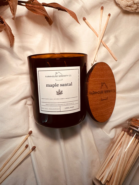 Maple Santal| 12OZ. Amber Round Bottom Jar Soy Candle | Two Cotton Wicks