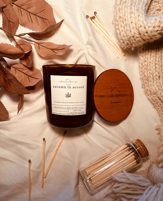 Autumn in Accord | 12OZ. Amber Round Bottom Jar Soy Candle | Two Cotton Wicks