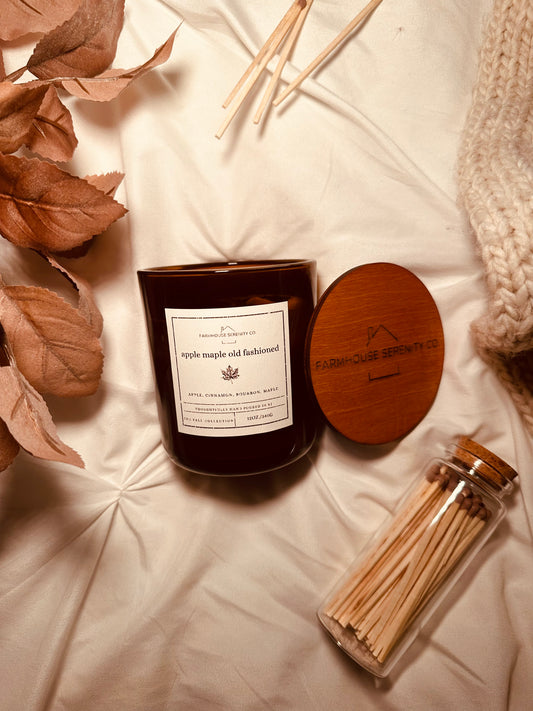 Apple Maple Old Fashioned | 12OZ. Amber Round Bottom Jar Soy Candle | Two Cotton Wicks