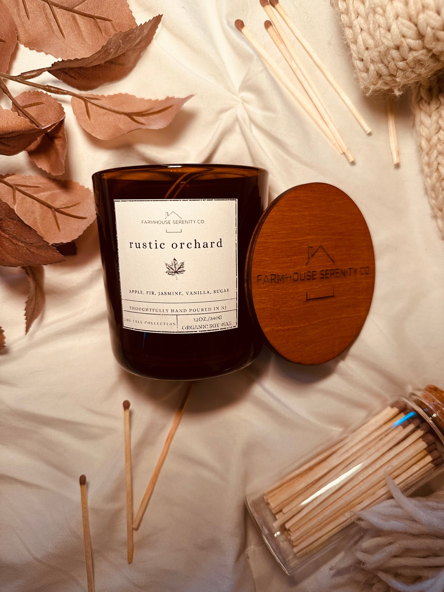 Rustic Orchard | 12OZ. Amber Round Bottom Jar Soy Candle | Two Cotton Wicks