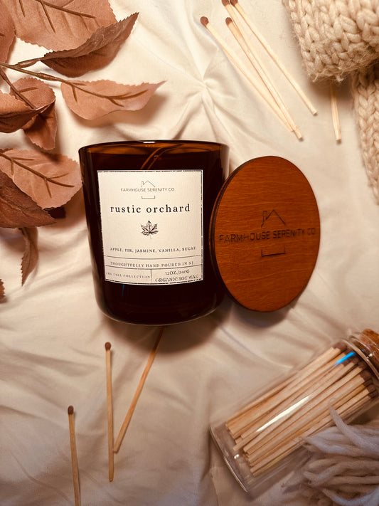 Rustic Orchard | 12OZ. Amber Round Bottom Jar Soy Candle | Two Cotton Wicks