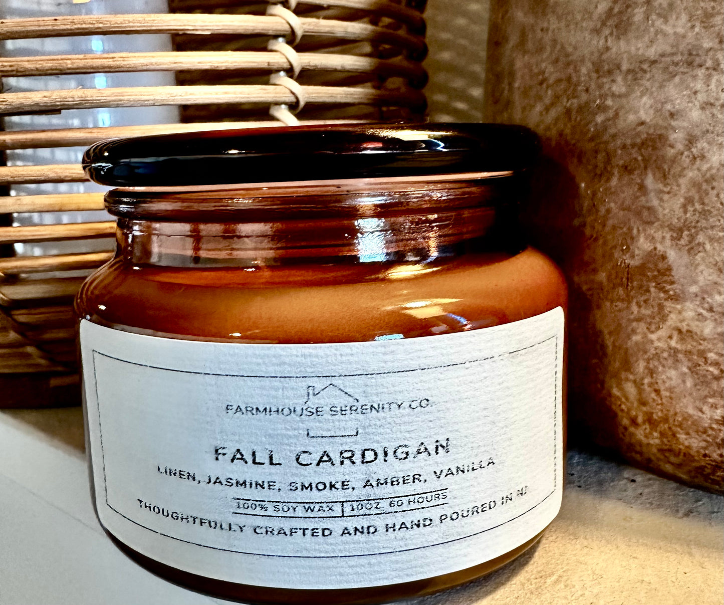 Fall Cardigan | 10OZ. Amber Apothecary Jar Soy Candle | Two Cotton Wicks