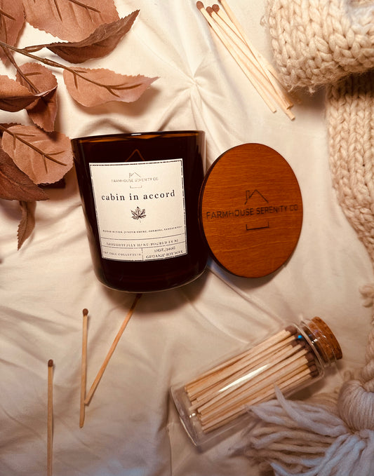 Cabin in Accord | 12OZ. Amber Round Bottom Jar Soy Candle | Two Cotton Wicks