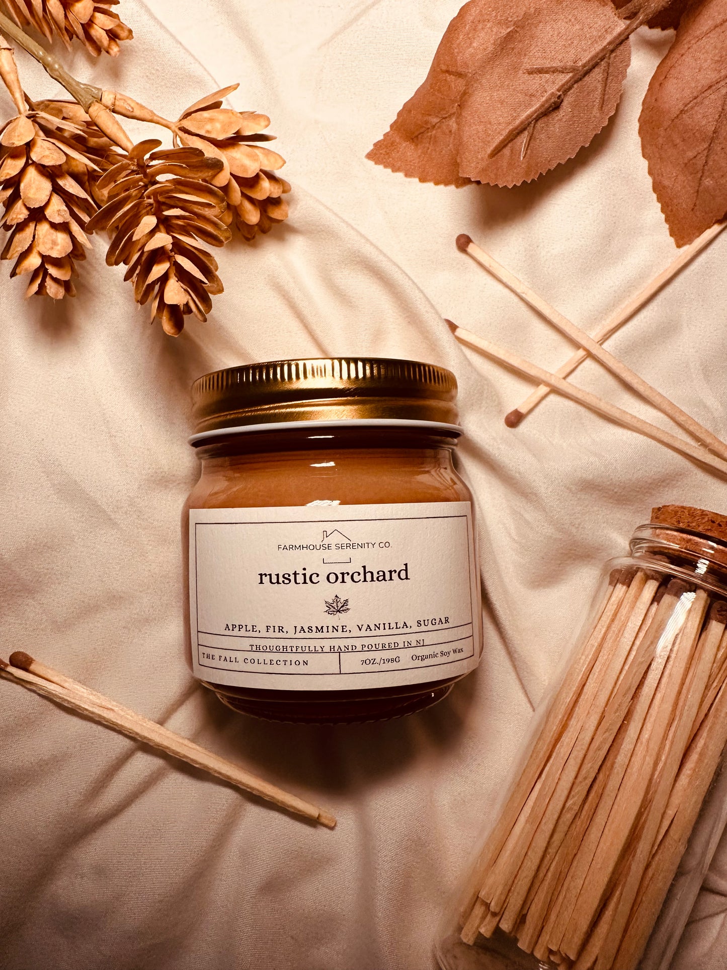 Rustic Orchard | 12OZ. Amber Round Bottom Jar Soy Candle | Two Cotton Wicks