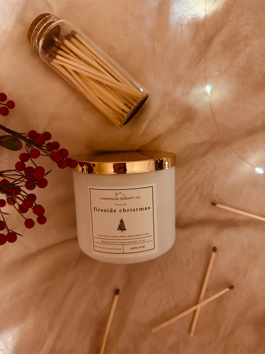 Fireside Christmas | 8OZ. White Glass Jar Soy Candle | Two Cotton Wicks