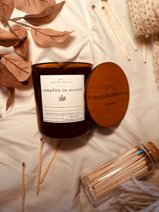 Campfire in Accord | 12OZ. Amber Round Bottom Jar Soy Candle | Two Cotton Wicks