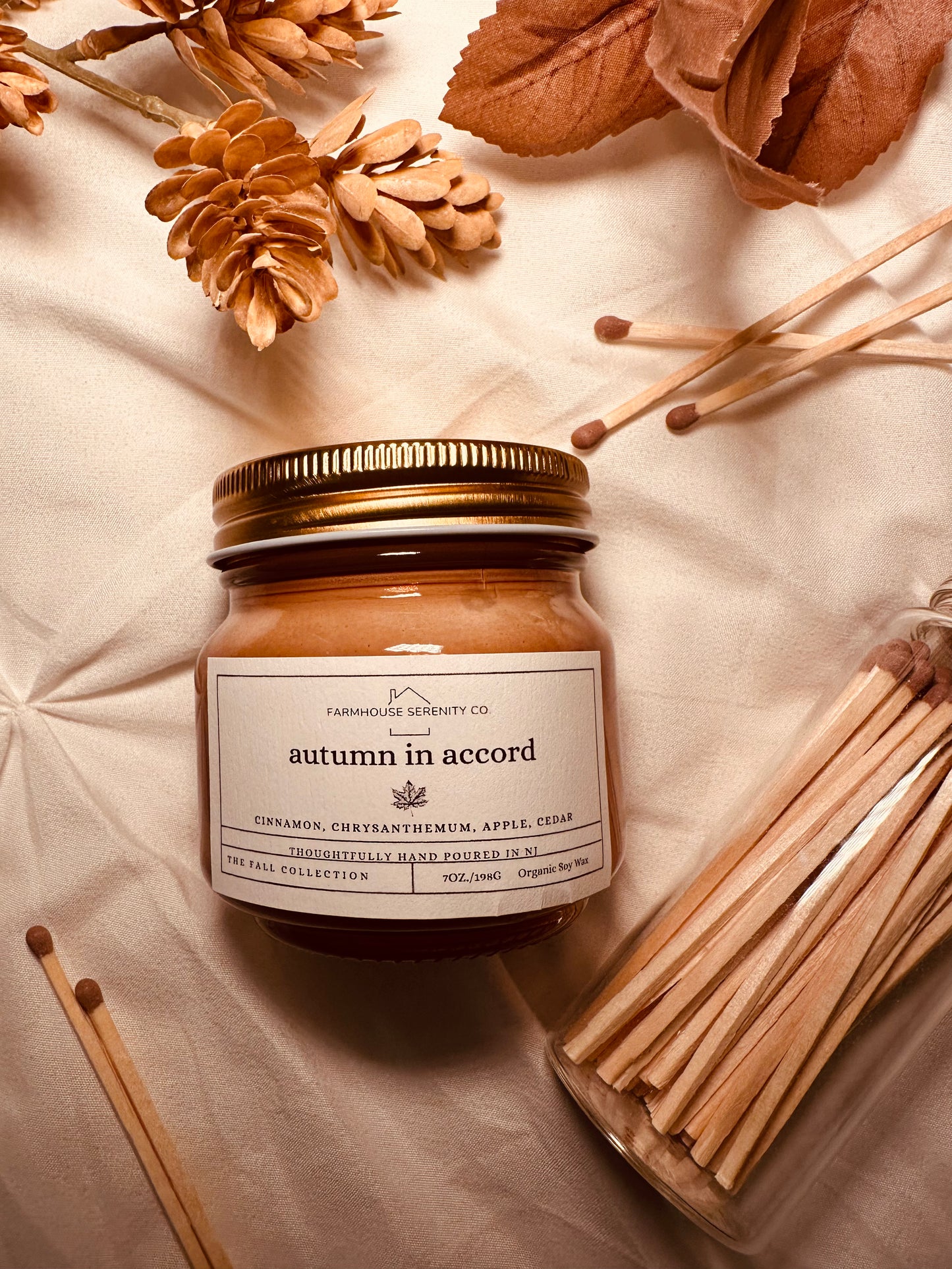 Autumn in Accord | 12OZ. Amber Round Bottom Jar Soy Candle | Two Cotton Wicks