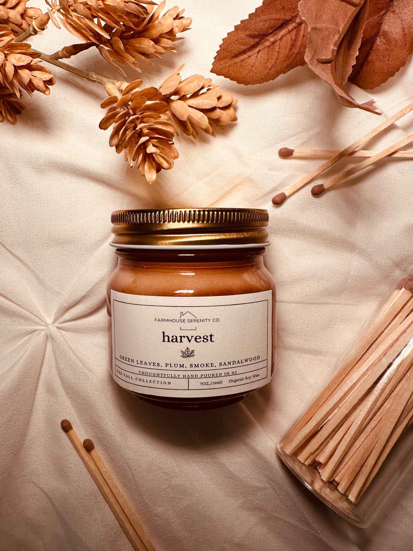 Harvest | 12OZ. Amber Round Bottom Jar Soy Candle | Two Cotton Wicks