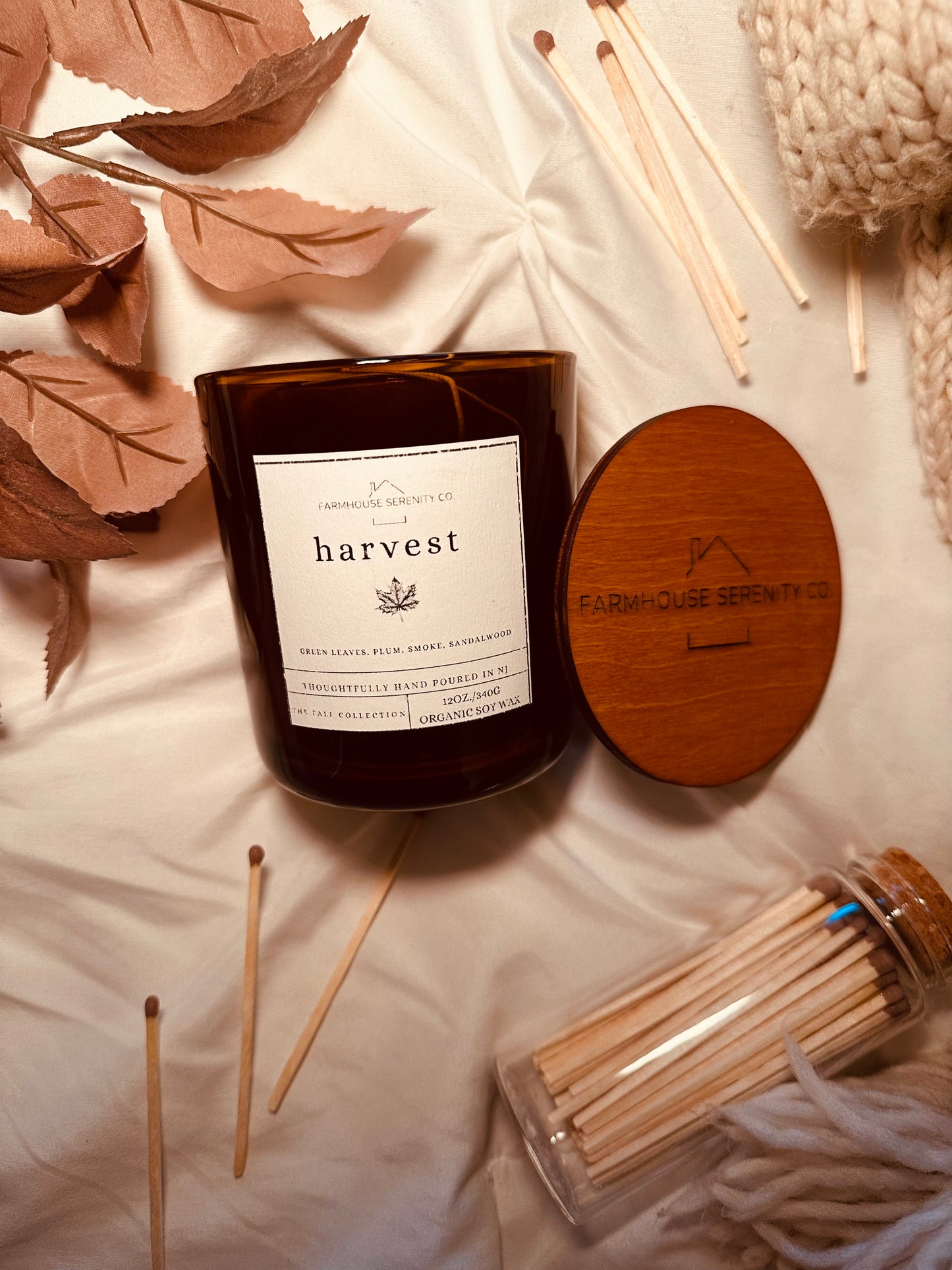 Harvest | 12OZ. Amber Round Bottom Jar Soy Candle | Two Cotton Wicks