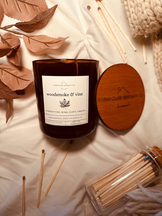 Woodsmoke & Vine | 12OZ. Amber Round Bottom Jar Soy Candle | Two Cotton Wicks