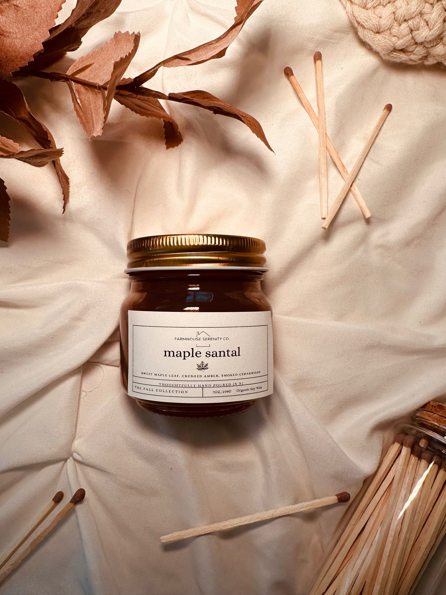 Maple Santal| 12OZ. Amber Round Bottom Jar Soy Candle | Two Cotton Wicks