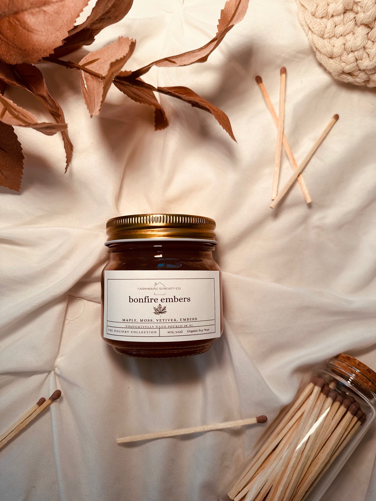BONFIRE EMBERS | 12OZ. Amber Round Bottom Jar Soy Candle | Two Cotton Wicks