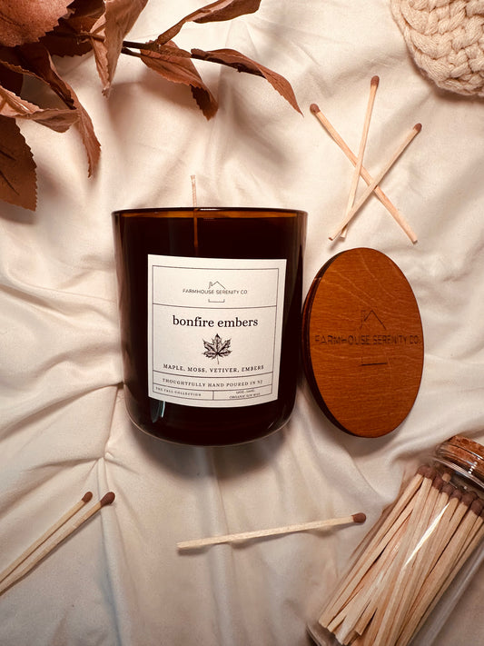 BONFIRE EMBERS | 12OZ. Amber Round Bottom Jar Soy Candle | Two Cotton Wicks
