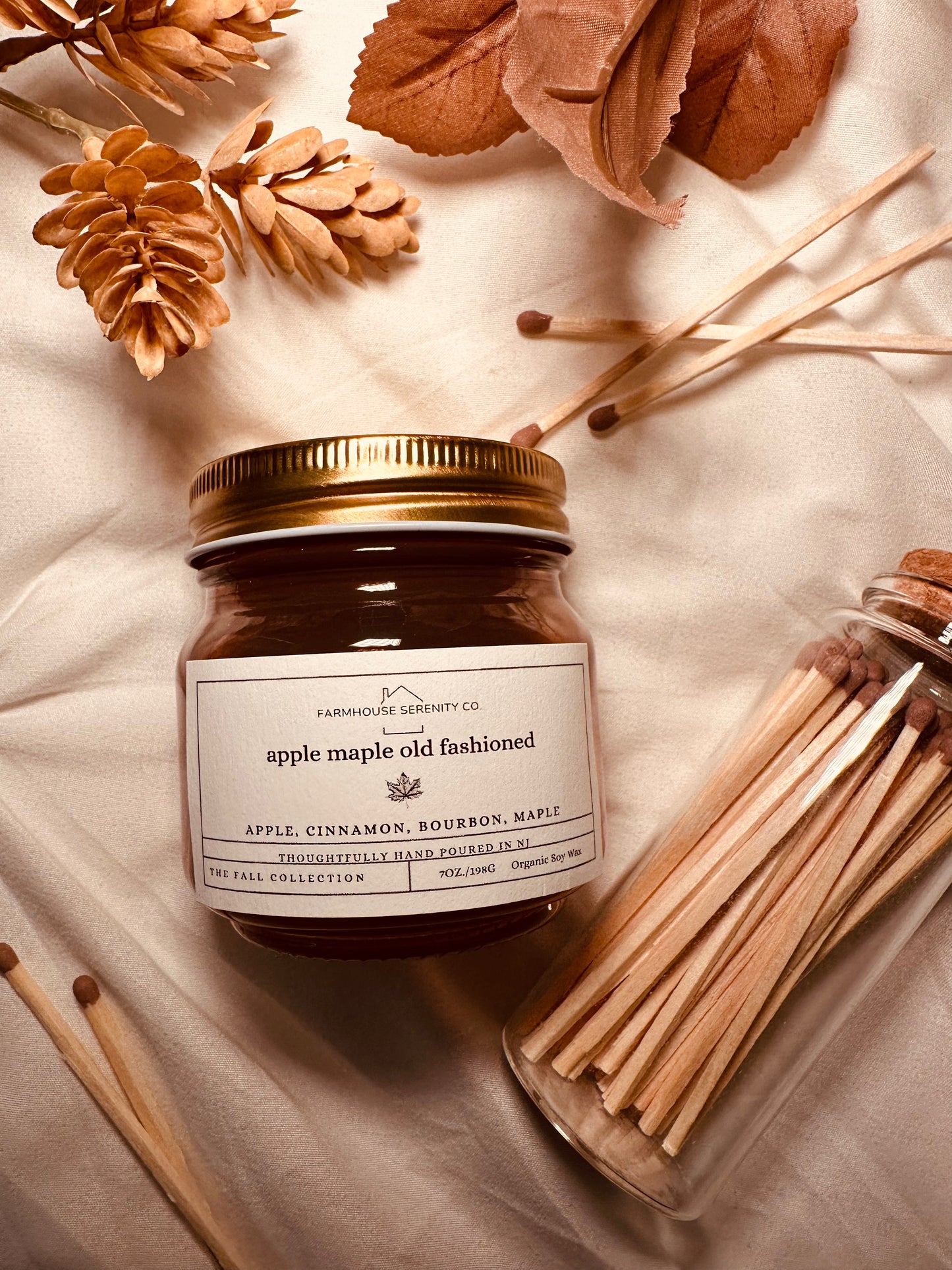 Apple Maple Old Fashioned | 12OZ. Amber Round Bottom Jar Soy Candle | Two Cotton Wicks