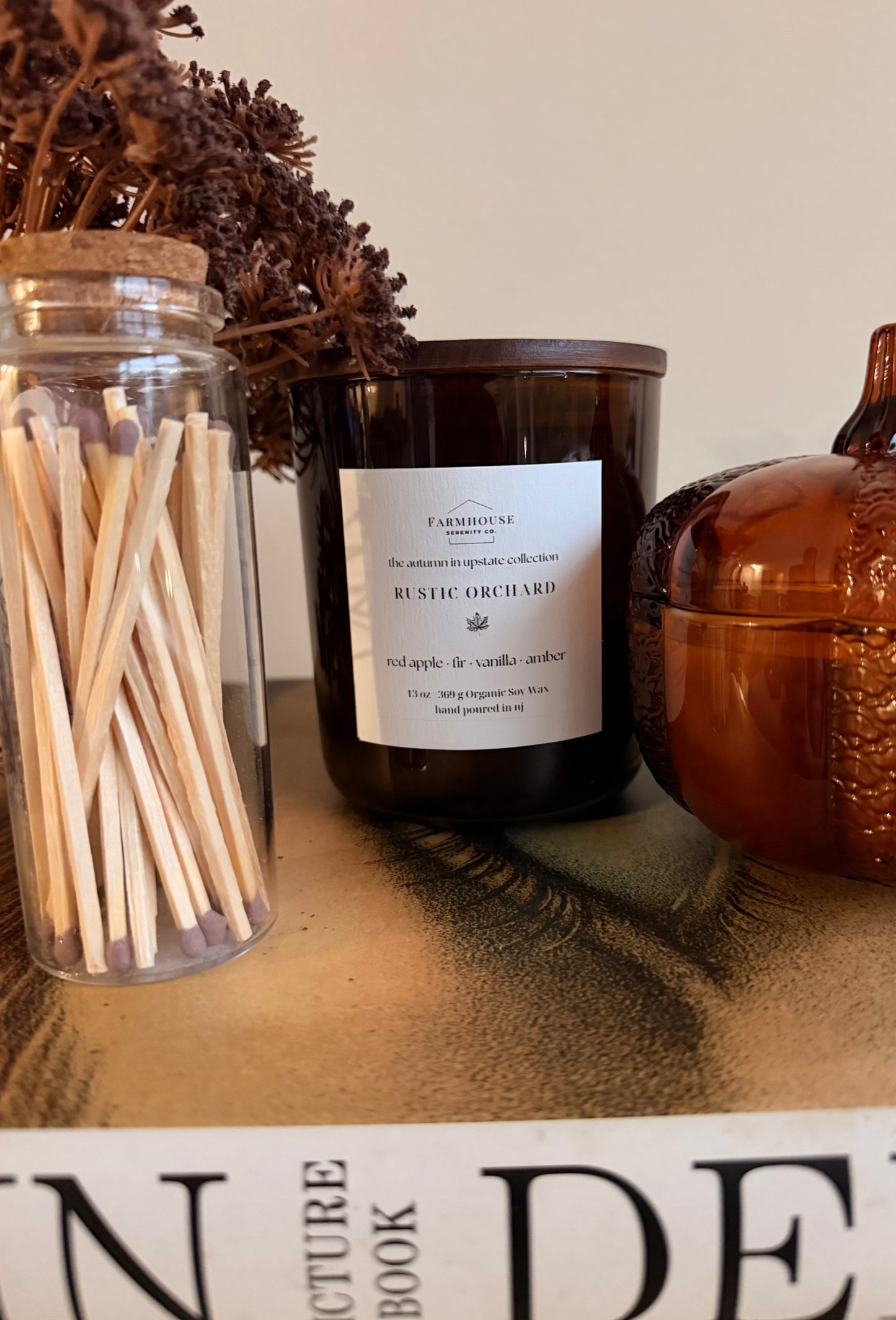 Rustic Orchard | 13OZ. Amber Round Bottom Jar Soy Candle | Two Cotton Wicks