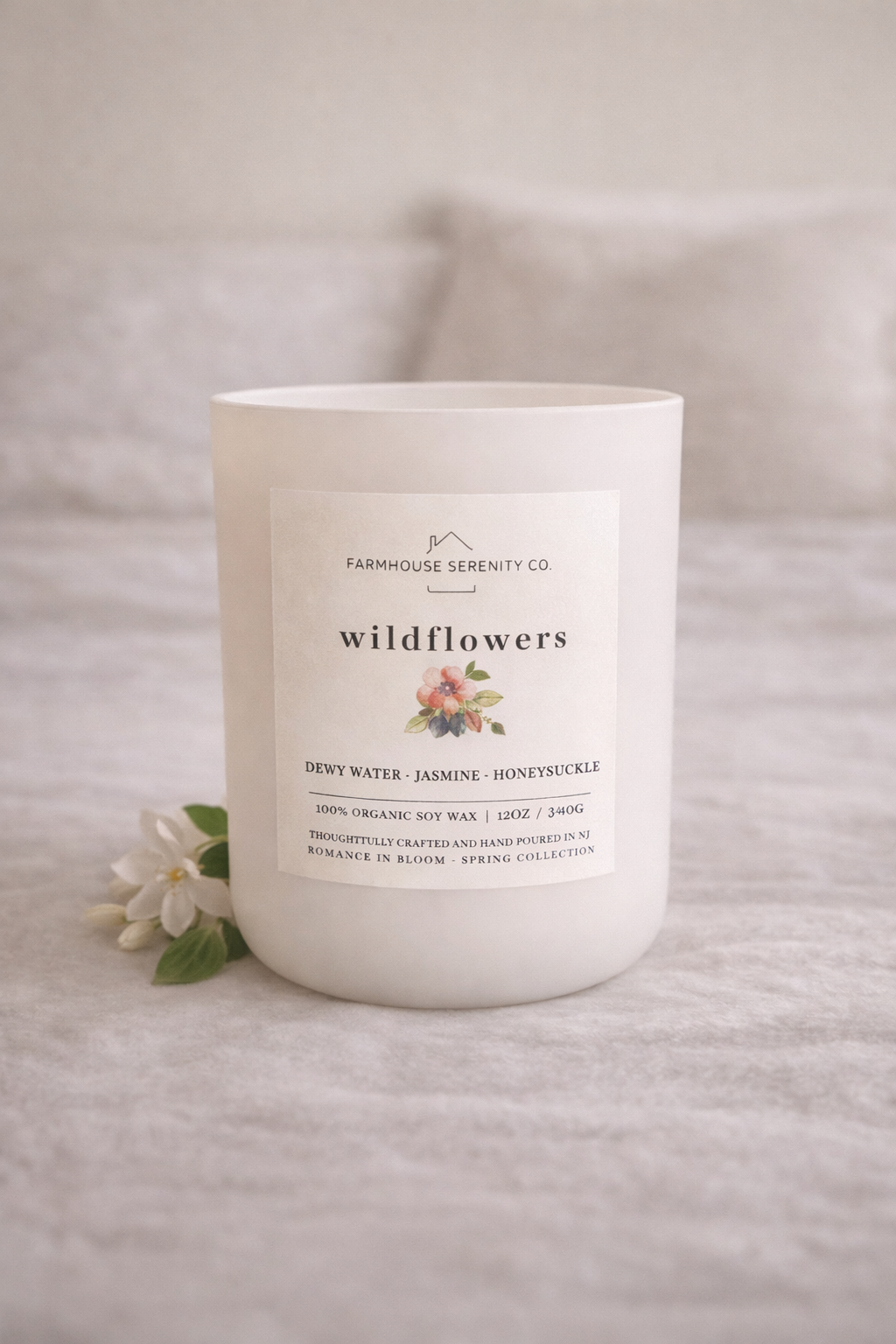 Wildflowers | 12OZ. White Round Bottom Jar Soy Candle | Two Cotton Wicks