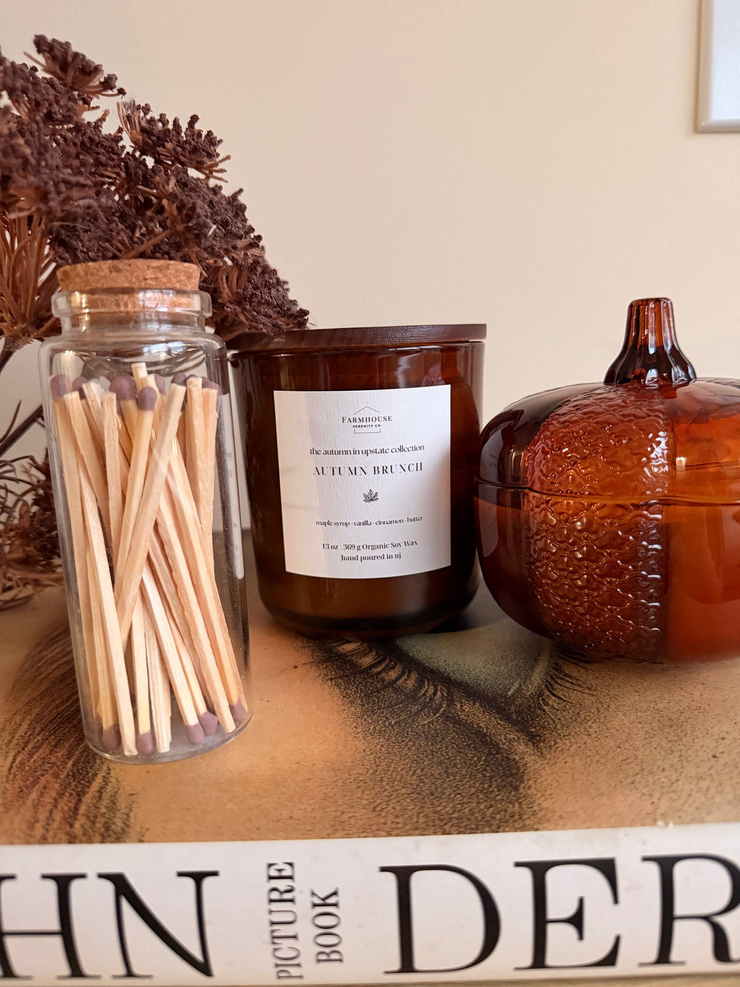 Autumn Brunch  | 13OZ. Amber Round Bottom Jar Soy Candle | Two Cotton Wicks
